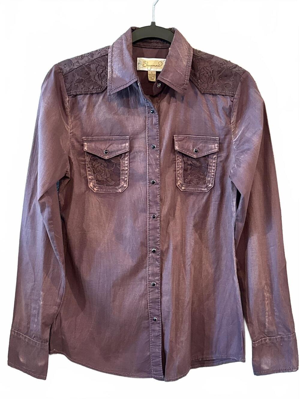 Shyanne Purple Distressed Long Sleeve Button-Up Shirt with Lace Detail Size L